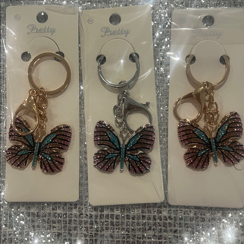 Pink & Teal Butterfly Keychain with Sparkle Rhinestones- set of 3